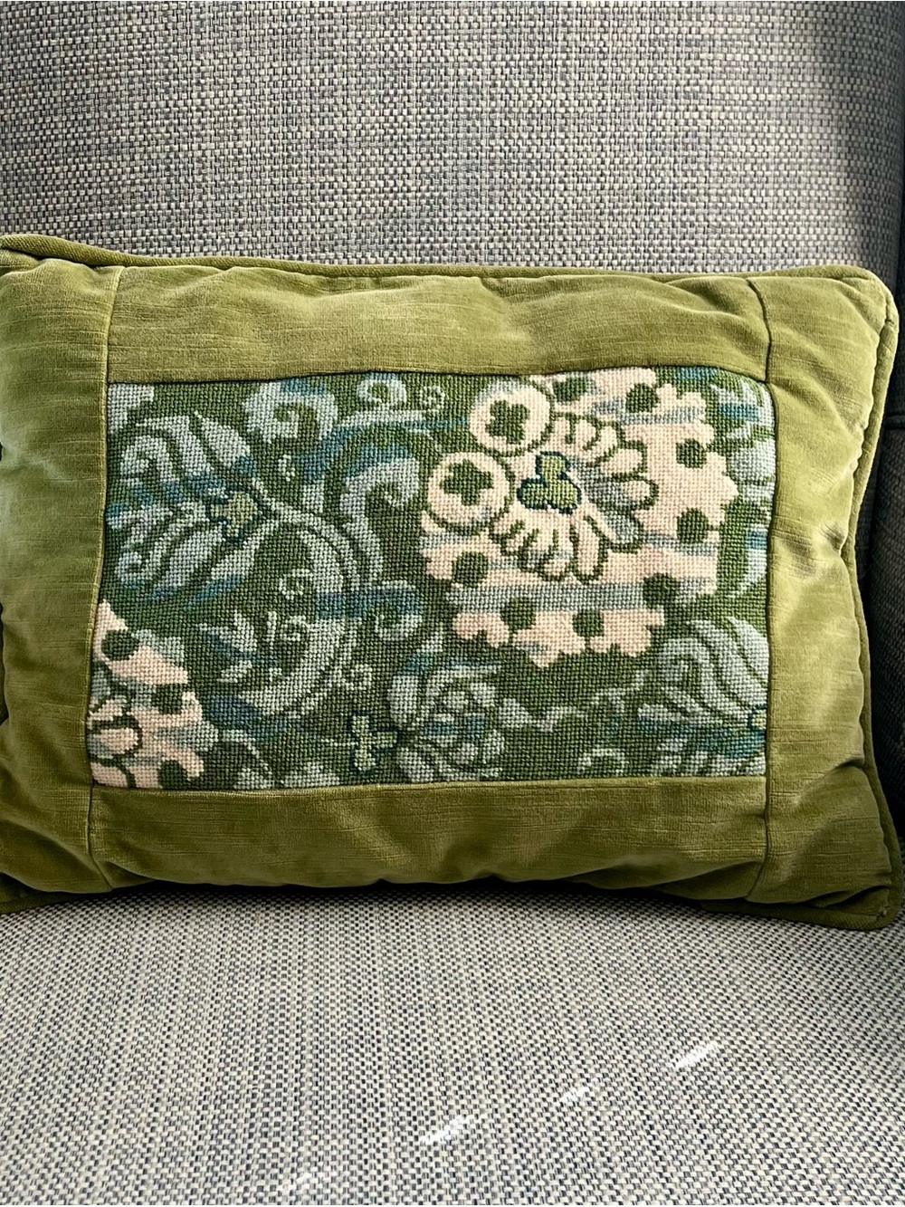 Needlepoint Pillow 18 x 14, Florentine Design, Green, Cream, Aqua Blues, Velvet